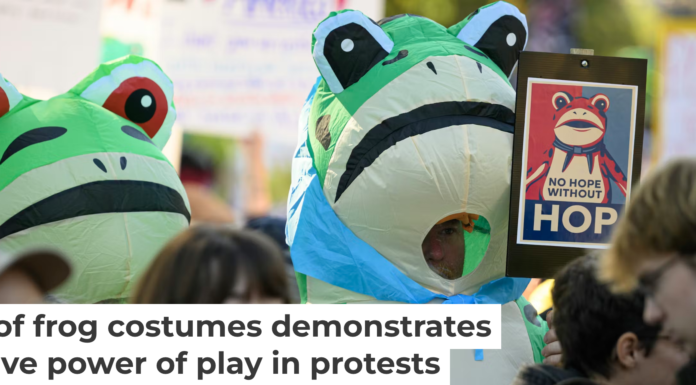 Demonstrators in frog costumes during the “No Kings” protest on Oct. 18, 2025, in Portland, Ore. Mathieu Lewis-Rolland/Getty Images